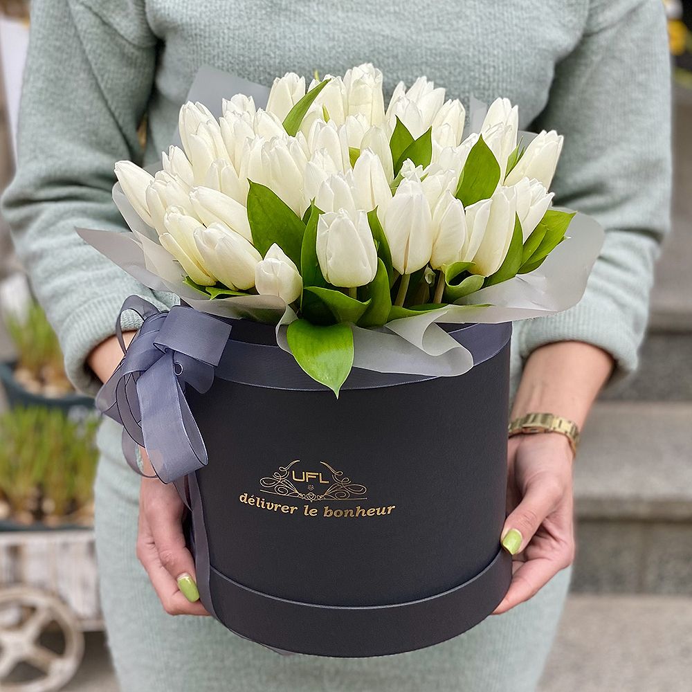 White tulips in a box