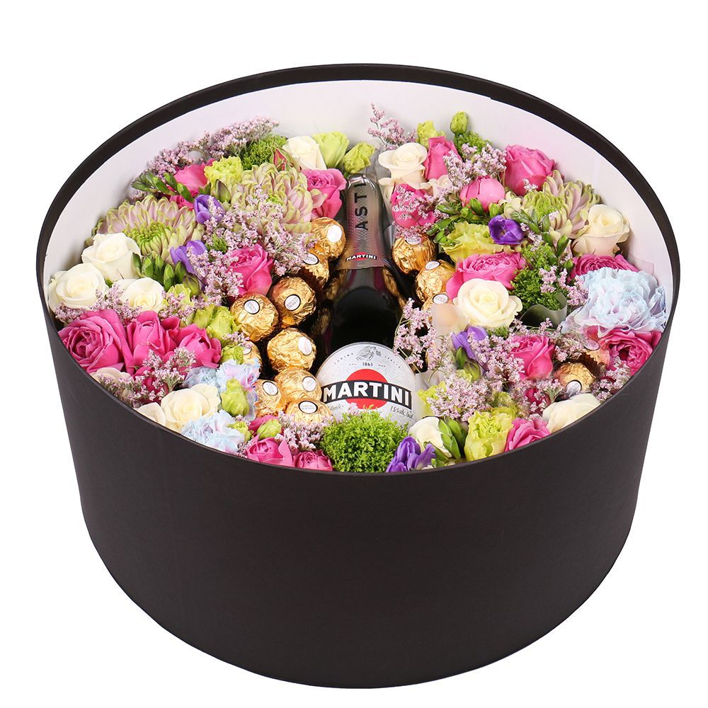 Box with flowers and champagne