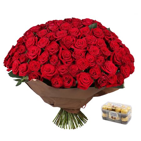 101 троянда + Цукерки Ferrero Rocher Київ