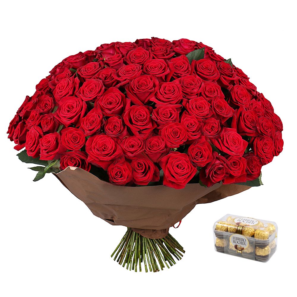 101 троянда + Цукерки Ferrero Rocher Маріуполь (доставка тимчасово не виконується)