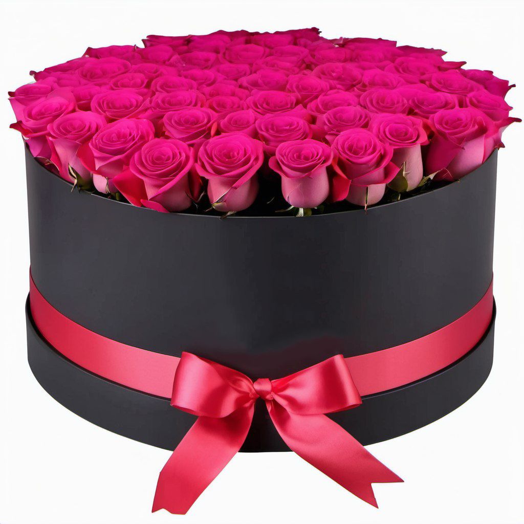 101 розовая роза в коробке Геранбой