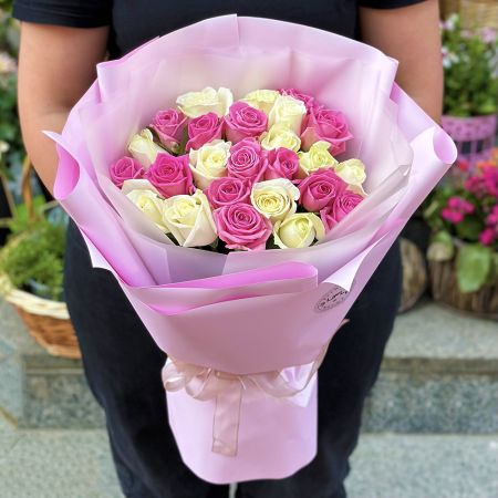 25 white and pink roses Liberty
