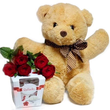 5 roses + teddy bear + Raffaello