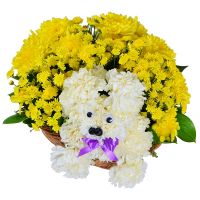 Puppy in a Basket of Flowers