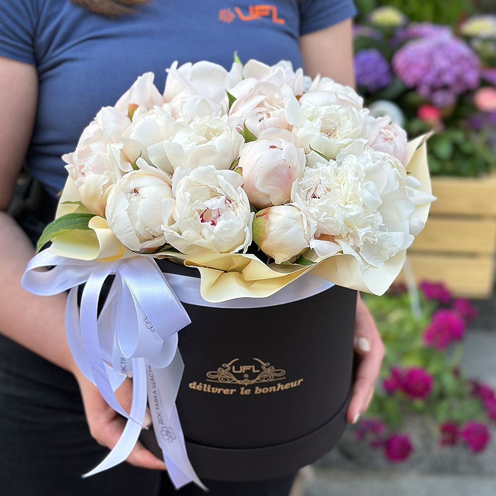 White local peonies in box Fontainebleau