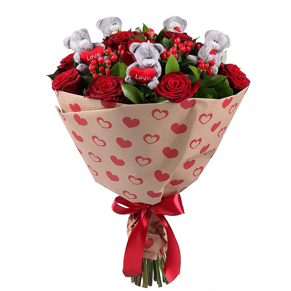 Bouquet of roses with teddies