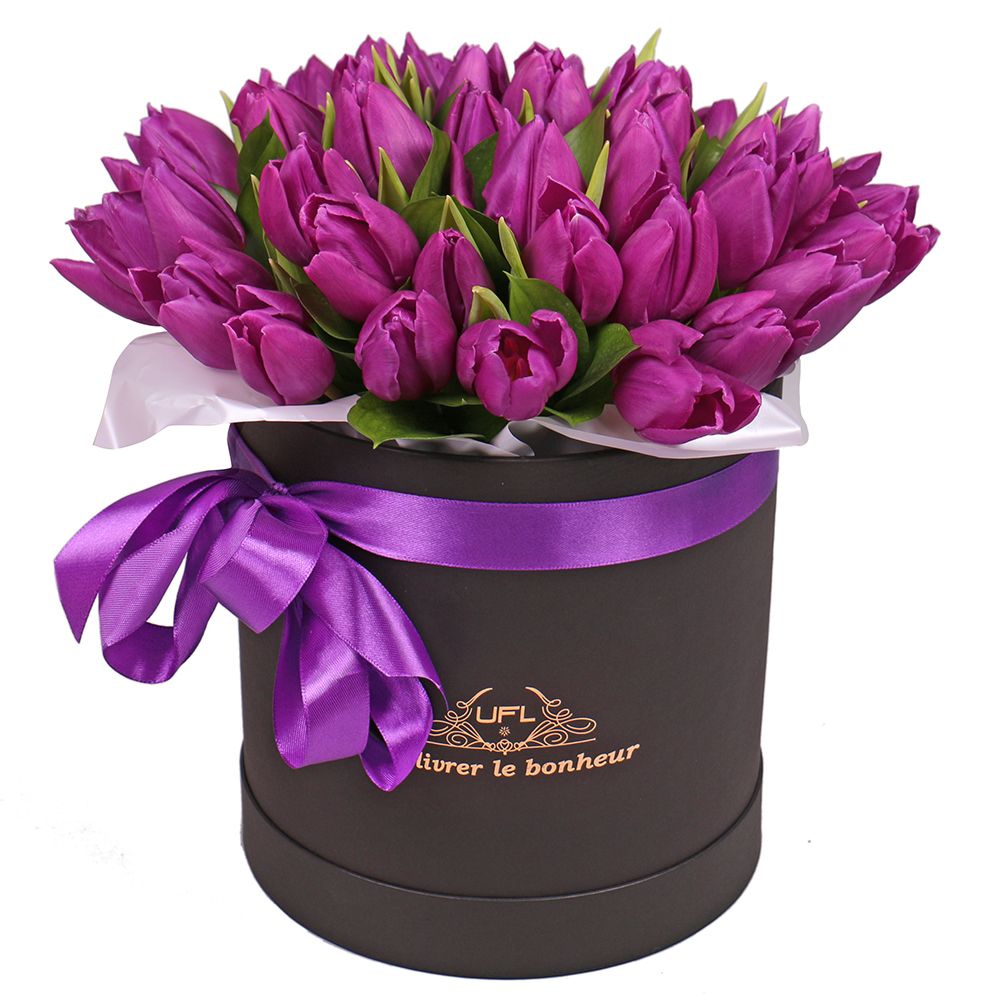 Purple tulips in a box