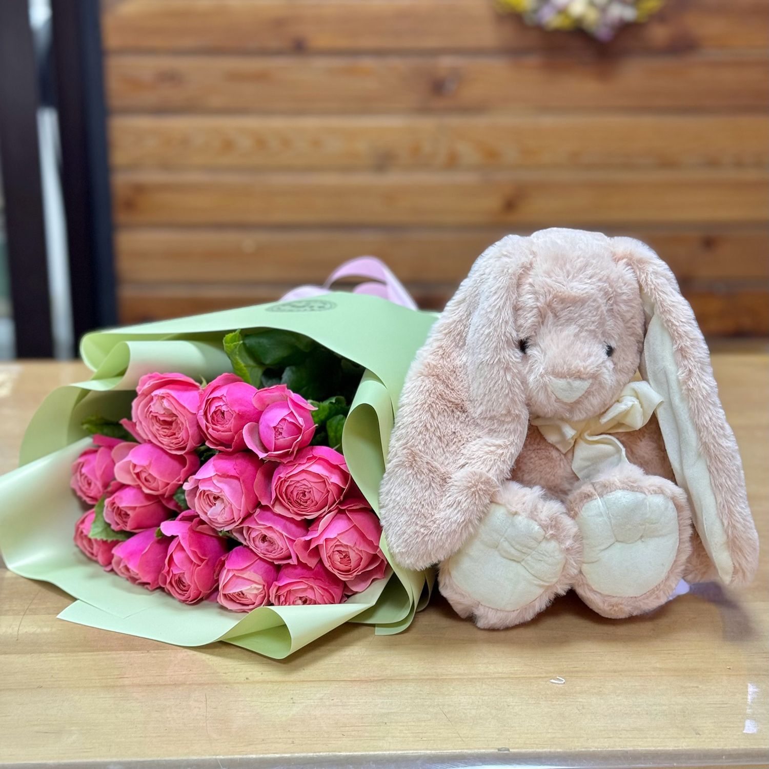 Pink roses and a bunny Pink roses and a bunny