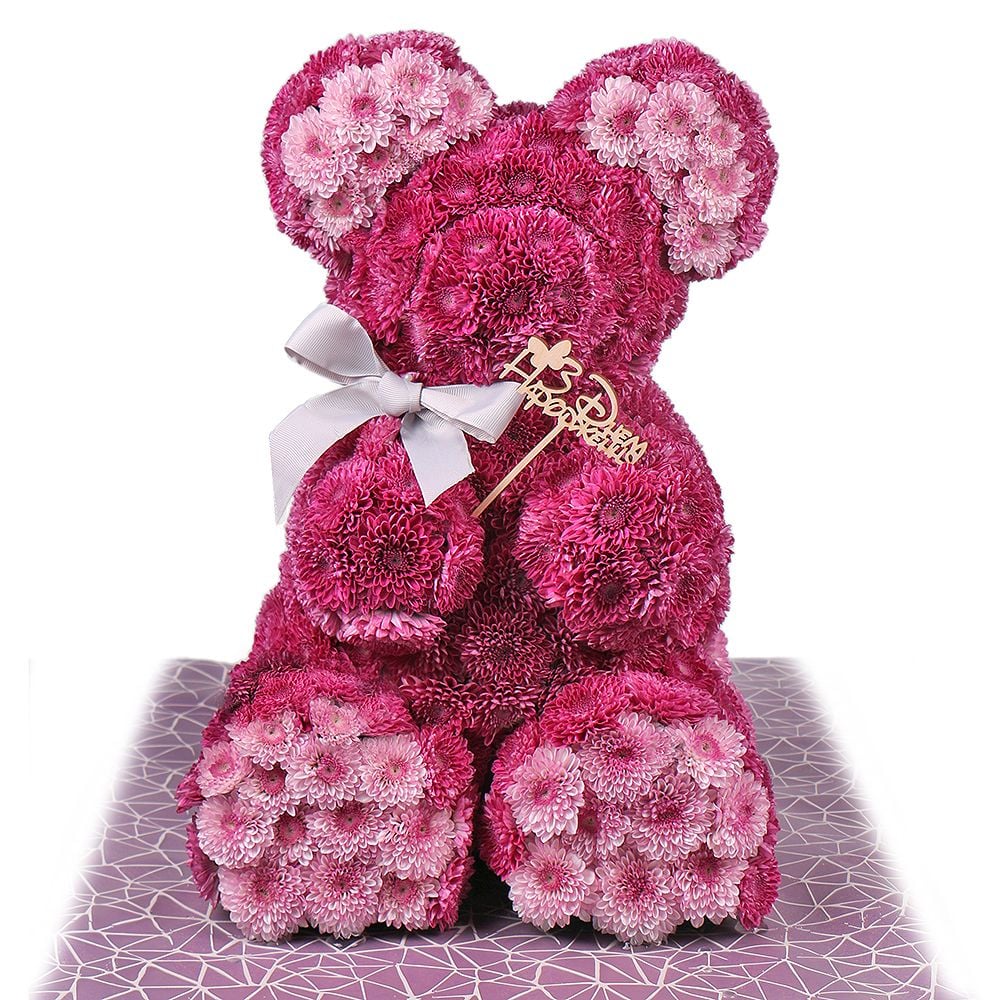 Розовый мишка из цветов с бантиком Софиевская Борщаговка