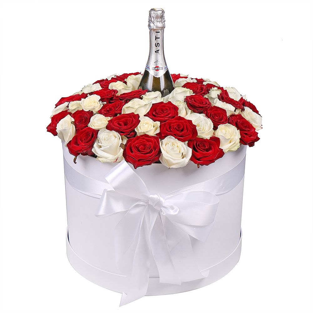 Розы в шляпной коробке с шампанским Плунге