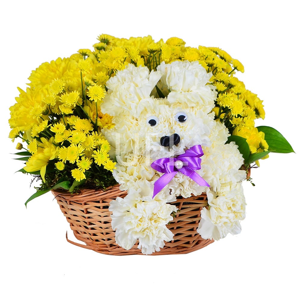 Puppy in a Basket of Flowers