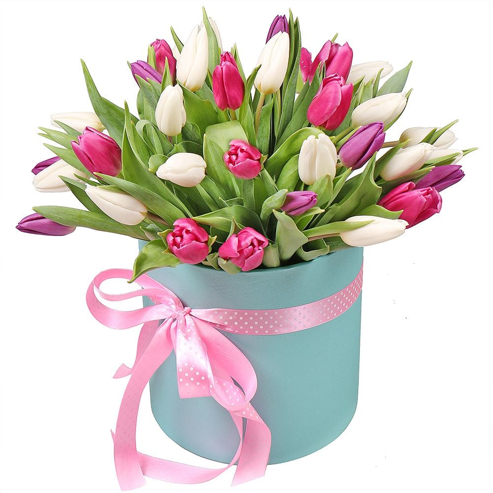 Тюльпаны в коробке 31 шт Малинска