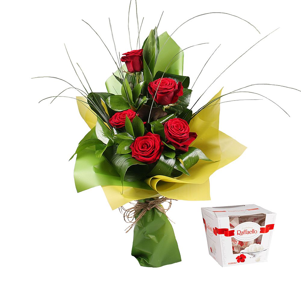 5 red roses + Raffaello Vishnevoe