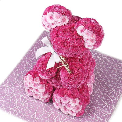 Розовый мишка из цветов с бантиком Киев