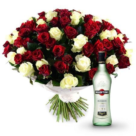 101 красно-белая роза + Martini Bianco Олдэмаркт
